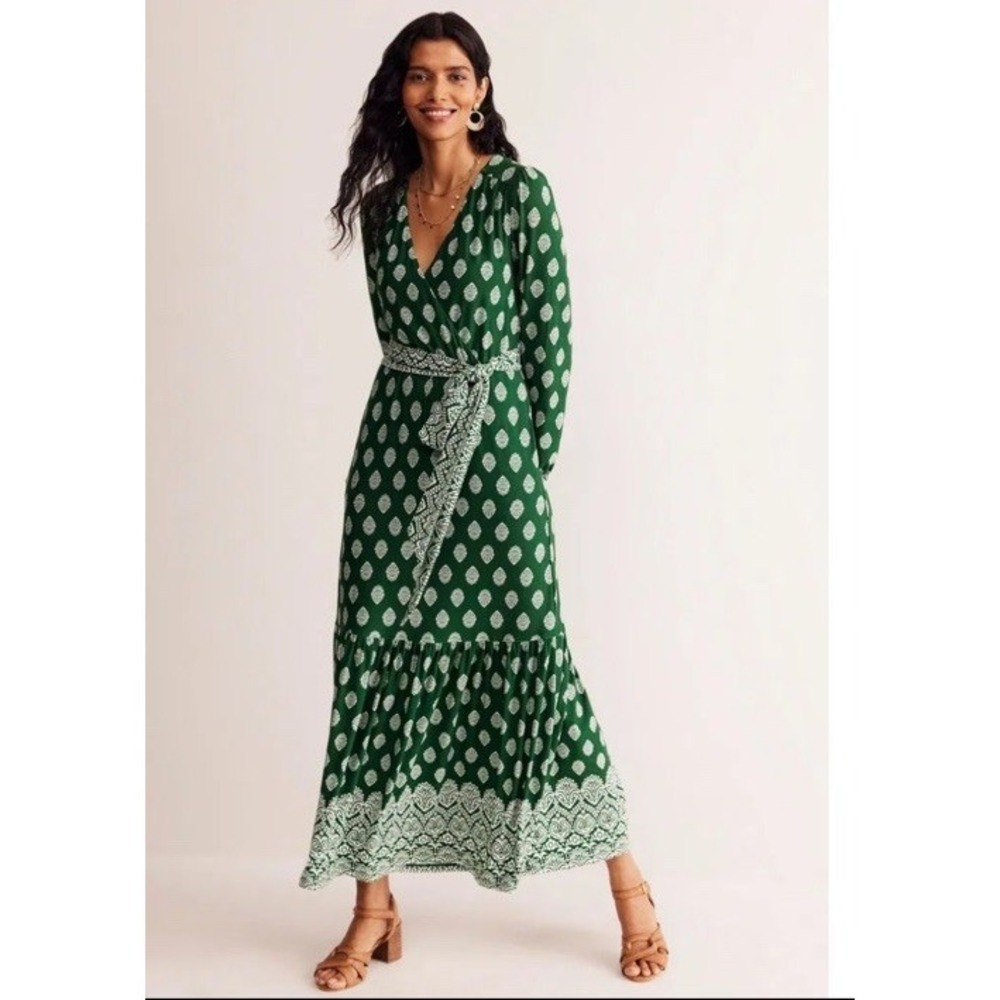 Boden Ophelia 4R Long Sleeve Maxi Wrap Dress Green White Printed Pockets - Picture 1 of 9